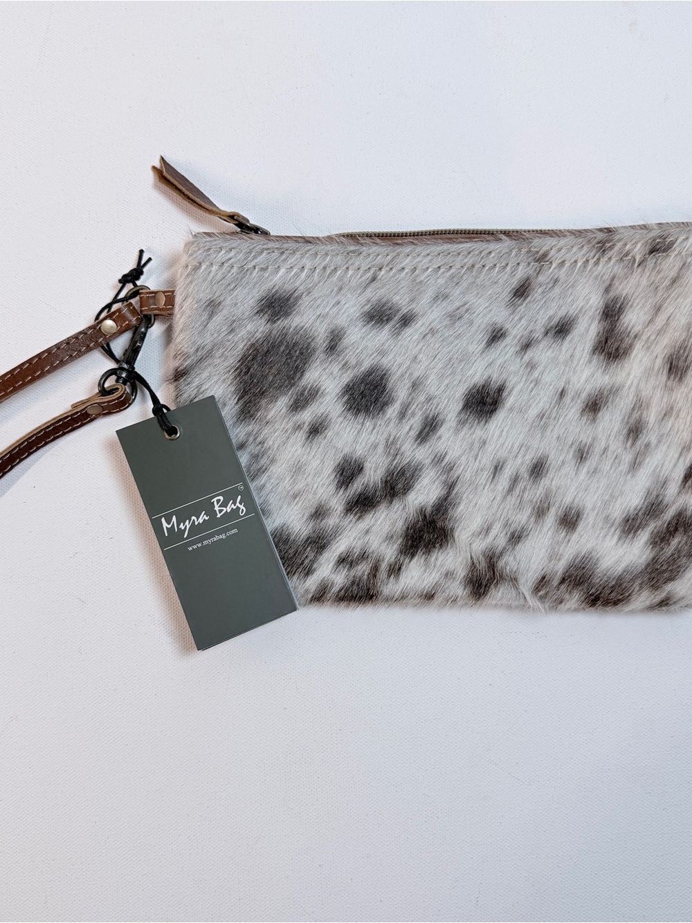 Myra Bag White Brown Spotted Wristlet Pouch Purse Women’s faux fur bag New